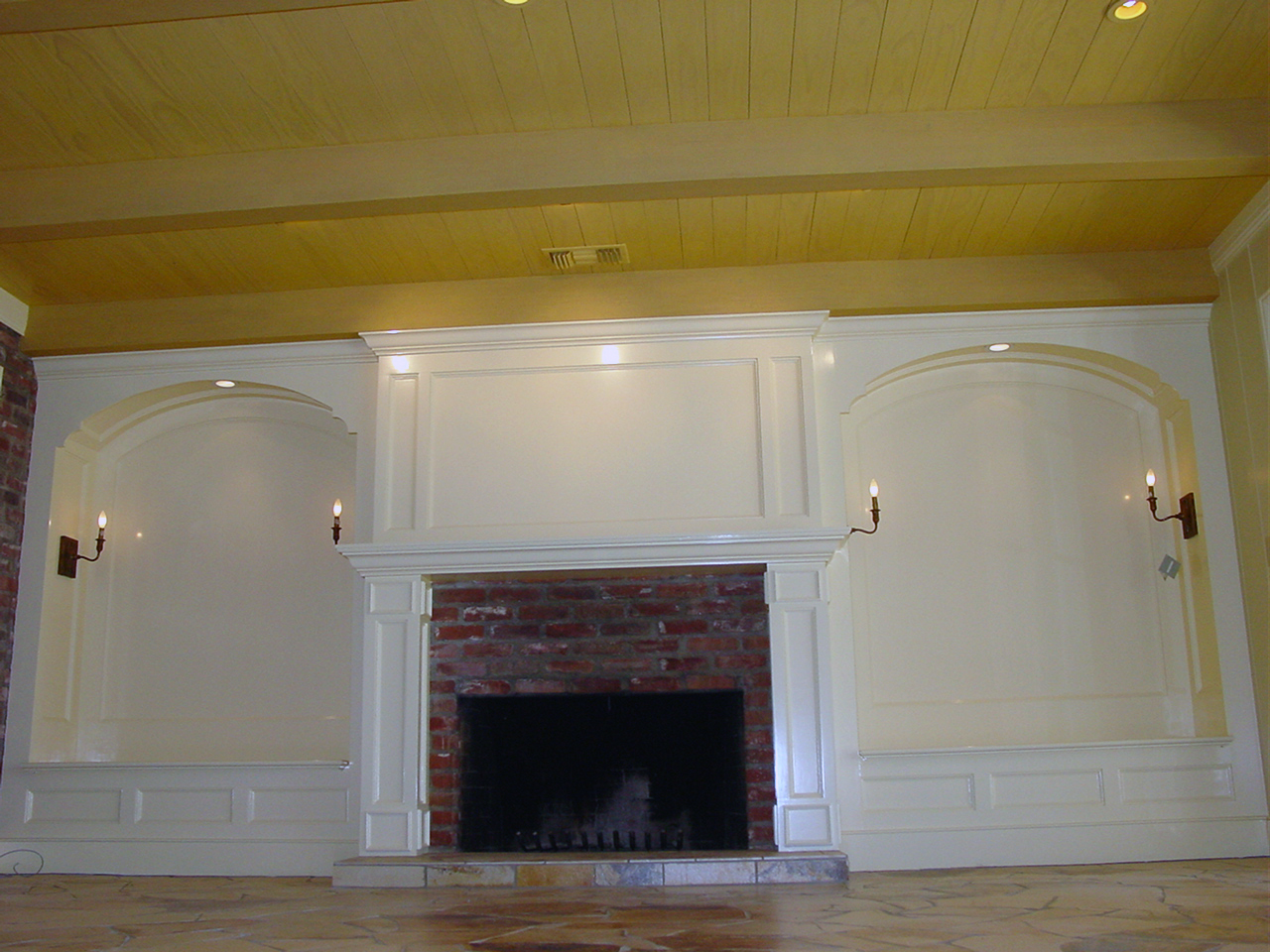 custom fireplace mantel project with two benches